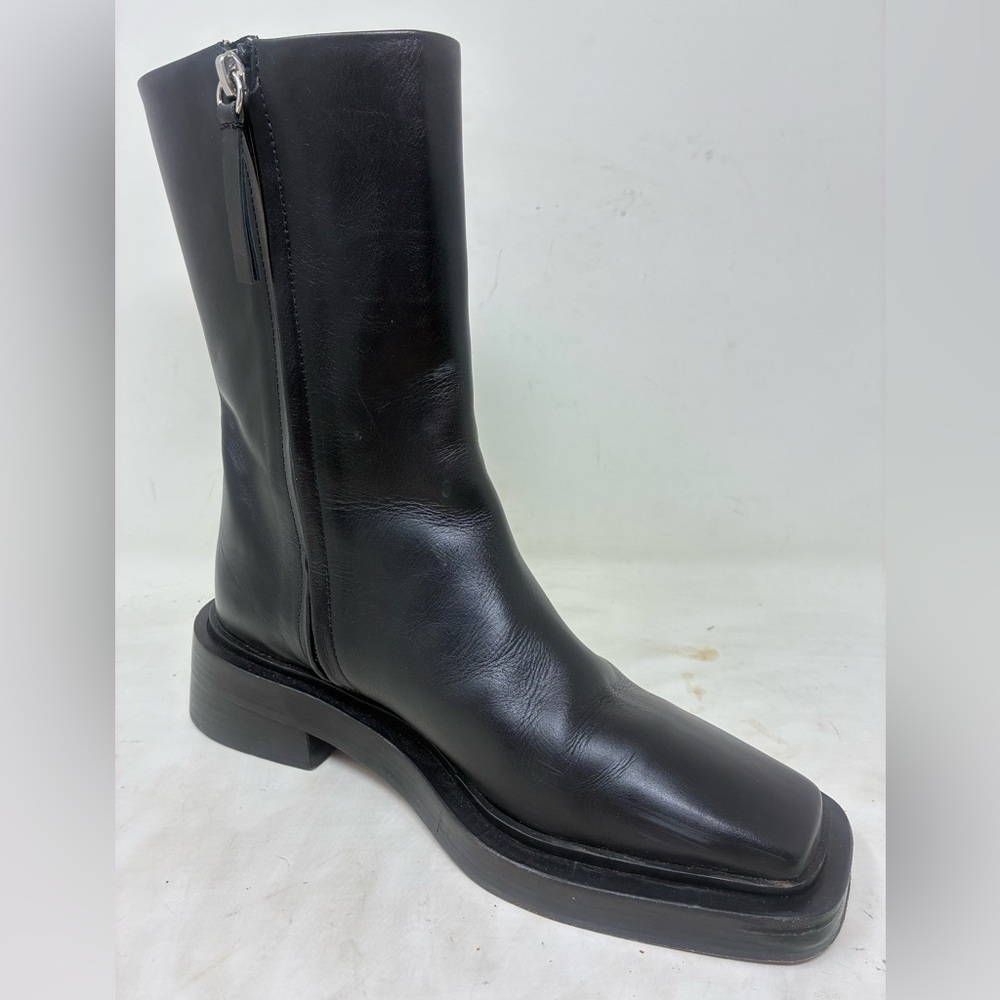 Poetry Black Leather Mid-Calf Zip Boot, Made in Spain